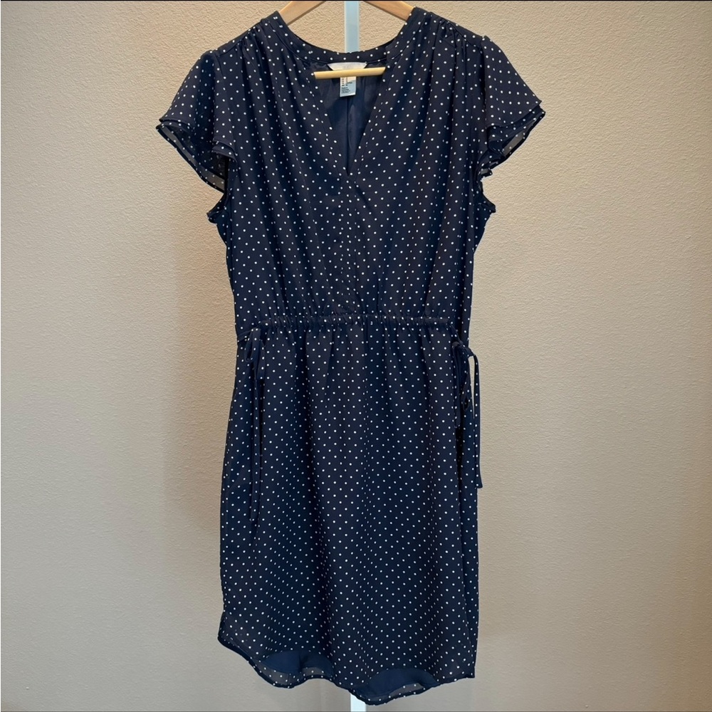 H&M Polka Dot Printed Navy Flutter-Sleeve Dress- Size 10